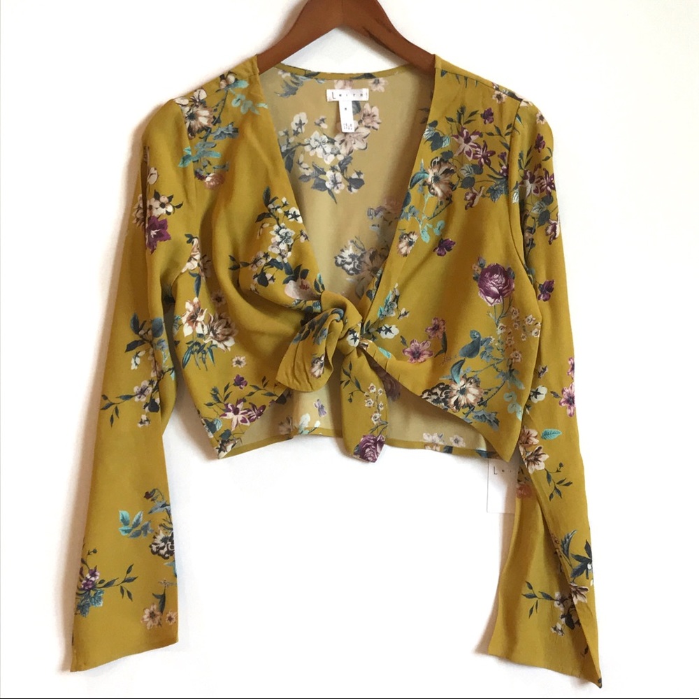 Leith Front Tie Yellow Floral Crop Top SzM